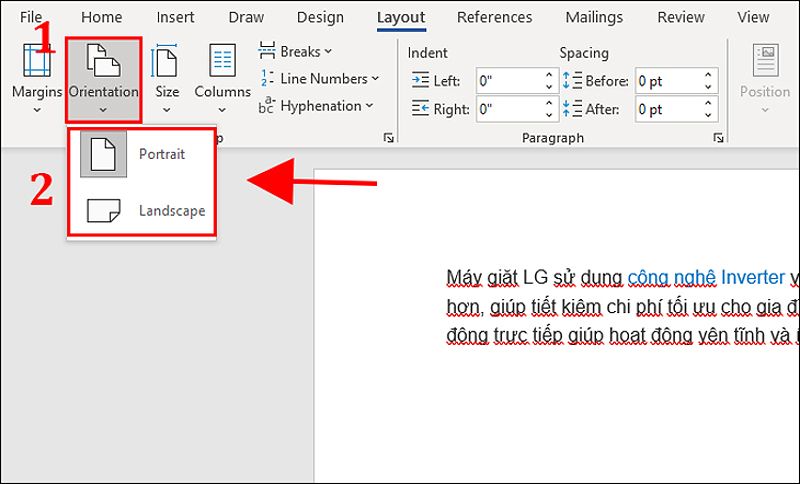 Bạn chọn Orientation để chỉnh sửa khổ giấy của văn bản. (Chọn Portrait để chọn khổ dọc, chọn Landscape để chọn khổ ngang)
