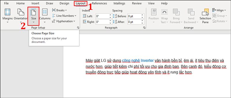 Bạn chọn tab Layout, sau đó chọn Size để căn lề chuẩn cho văn bản.