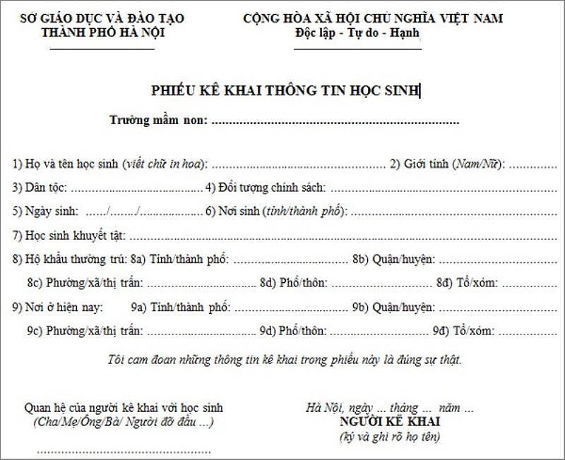 Kê khai Những thông tin về học sinh