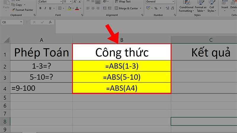 Nhập công thức =ABS(1-3) cho phép tính hoặc =ABS(A4) cho ô chứa phép tính